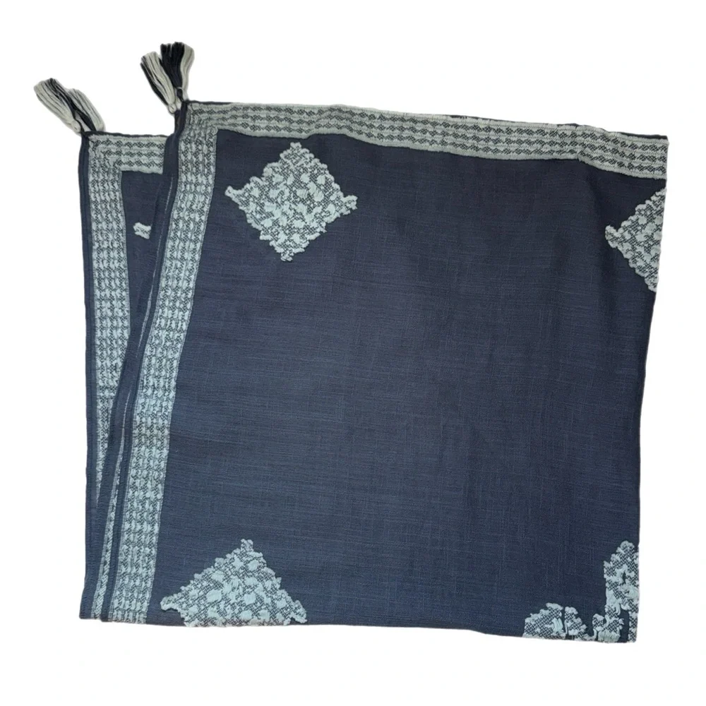 Vintage Navy Embroidered Square Scarf with Tassels - 42” Boho‎ Folk Art Wrap